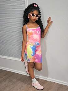 SHEIN Tween Girls' Fashionable Tie Dye Print Knit Camisole Jumpsuit Romper - Hot Pink - View 7