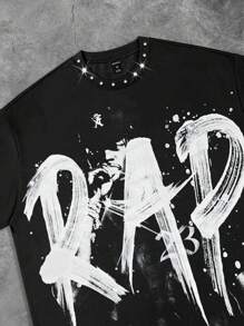 ROMWE MEN Street Life Black Round Neck Short Sleeve Rap Punk Rhinestone Streetwear Style T-Shirt For Men - Black - View 5