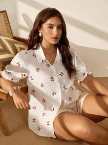 EMERY ROSE Camisa de manga abullonada con estampado de cerezas de talla grande, estilo casual de verano con estampado aleatorio - Blanco - Ver 4
