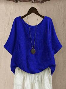 EMERY ROSE Plus Size Women Crew Neck Casual/Daily/Outdoor/Minimalist/Vacation/Flattering Textured Sage Green Pullover Top, Spring/Summer - Royal Blue - View 1