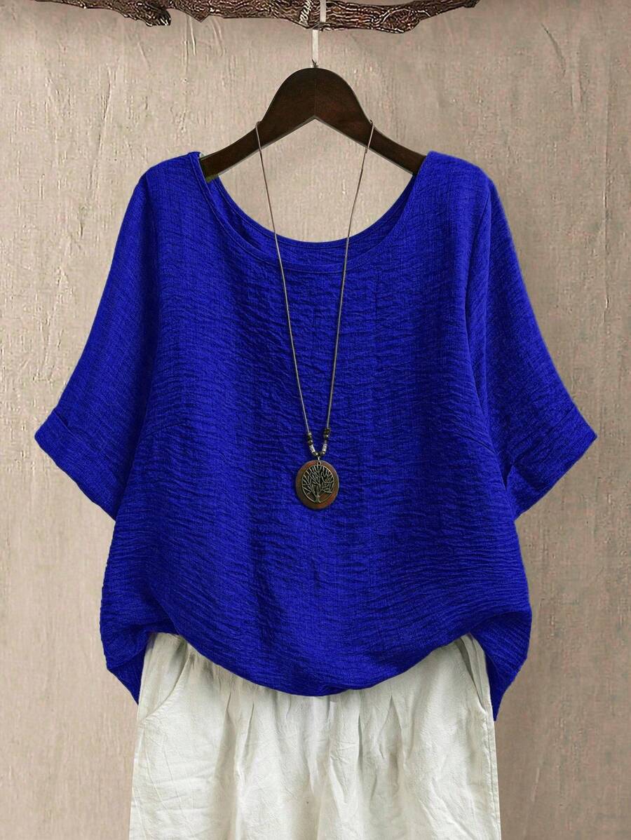 EMERY ROSE Plus Size Women Crew Neck Casual/Daily/Outdoor/Minimalist/Vacation/Flattering Textured Sage Green Pullover Top, Spring/Summer - Royal Blue - View 1