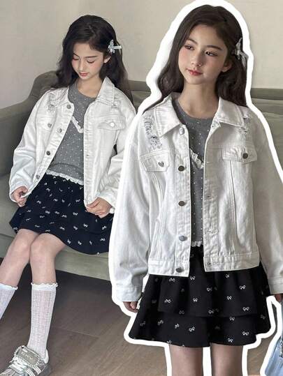 女童休闲宽松牛仔夹克，带破洞细节，百搭舒适的户外穿着