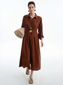 Aalyst Vintage French Long Sleeve Button-Up Pleated Back Elegant Slim Fit Shirt Dress For Women/African Dresses For Women/Linen Midi Dress/Bandage Dresses/Fall/Back To School/Winter,Thanksgiving/Modest Dresses For Women