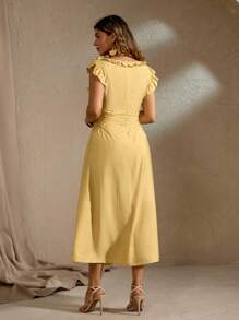 Flirla 大码女式法式浪漫荷叶边优雅沙滩裙，方领荷叶边袖，腰部收褶，喇叭裙，及踝长度，适合春夏季 - 黃色 - 查看 2