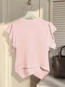 SHEIN Privé 女士 3D 玫瑰装饰圆领纯色 T 恤 - 淺粉色 - 查看 2