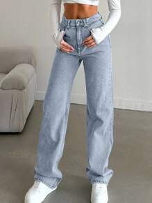 SHEIN Tall Snow Wash Straight Leg Jeans High Rise For Tall - Teal Blue - View 6