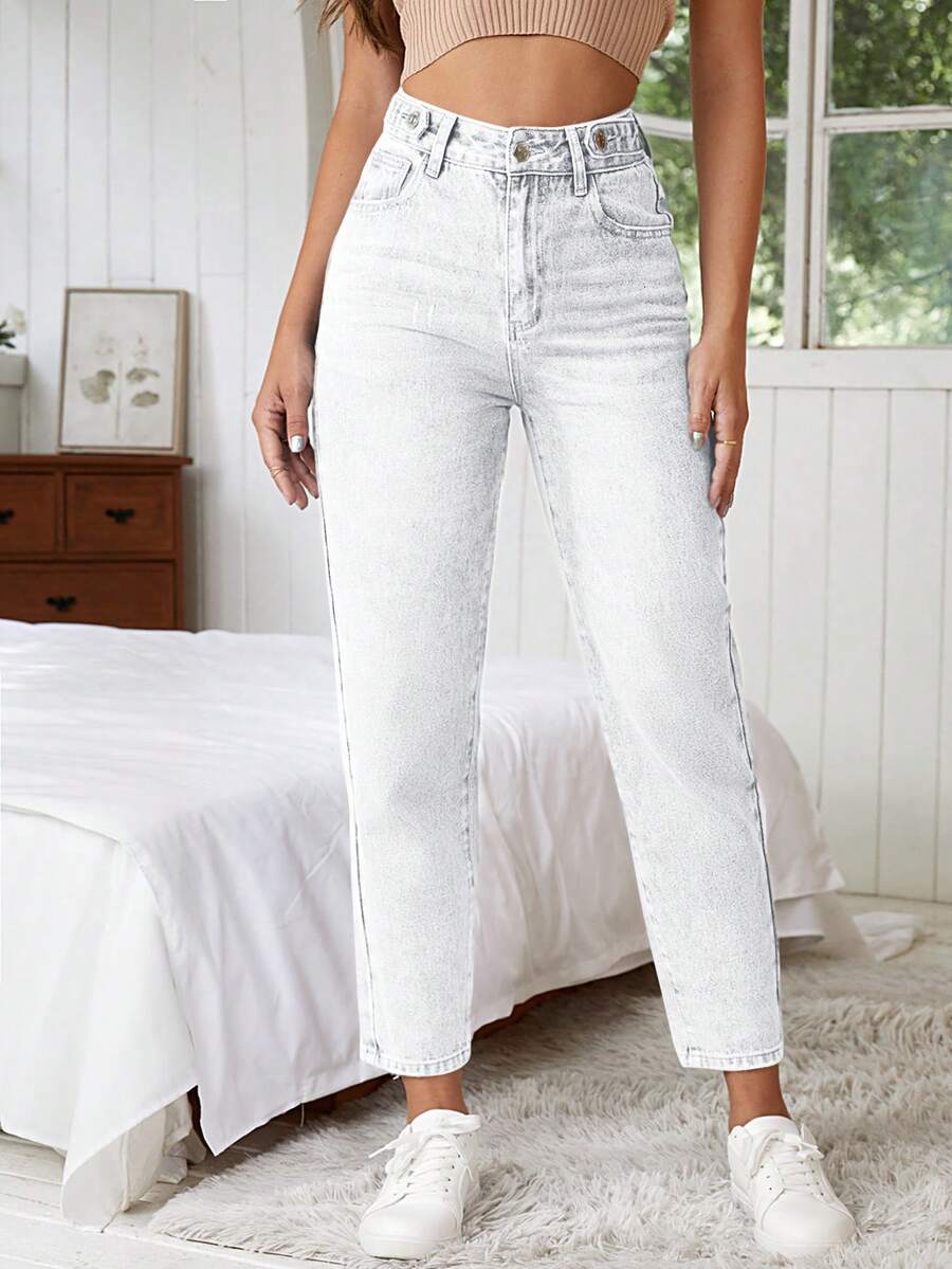 Cottnline 100%Cotton Women's Casual Solid Tapered Jeans - White - View 1