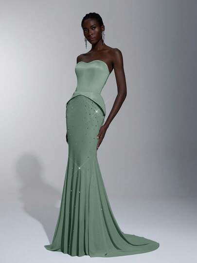 Elitara 优雅奢华缎面手工水钻装饰甜心领口鱼尾下摆礼服，适合约会、单身派对、庆典、正式场合、舞会、典礼