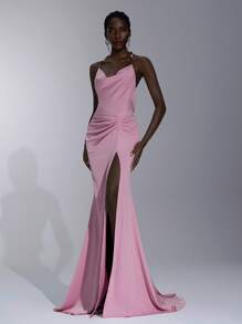 Elitara Vestido de satén tipo sirena maxi con espalda descubierta, elástico, con pliegues y cadena de perlas, elegante, lujoso y sexy, apto para boda, fiesta de solteros, vacaciones, eventos formales, soirée - Rosa - Ver 6