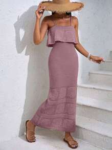 EURMUSE Vacation Casual Solid Color Hollow Out Knit Slip Dress - Dusty Pink - View 6