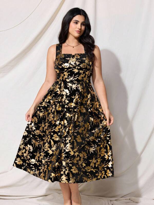 SHEIN MOD Plus Size Vintage Black Velvet Foil Print Long Dress, Party Gown,Shiny Fabric,Vestidos Elegantes De Mujer,Dresses For Women Summer/Fall,Birthday Dress