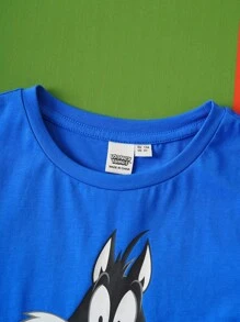 LOONEY TUNES X SHEIN maglietta a maniche corte per ragazzo giovane, con motivo a blocchi di colore e gatto cartoni animati