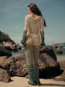 Anewsta 女士夏季度假海滩渐变色渔网亮片鱼尾下摆罩衫 - 彩色 - 查看 2