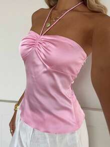 SHEIN EZwear Women's Satin Ruched Bust Halter Neck Top, Pink Top Women