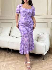 SHEIN Clasi Váy xòe họa tiết hoa thanh lịch mùa hè cỡ lớn cho nữ - Màu tím - Xem 5