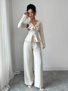 Rafferiza 女士优雅刺绣 V 领长袖女士秋季套装，适合约会、通勤和日常穿着