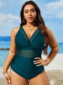 SHEIN Swim Curve Summer Plus Size Women 1PC Solid Color V-Neck Mesh Patchwork Sexy Elegant One-Piece Swimsuit, Leisure Vacation