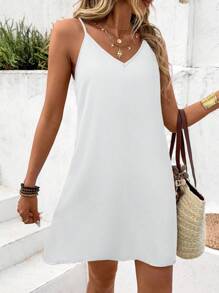 SHEIN LUNE 女士休闲纯色无袖吊带背心和迷你连衣裙两件套，适合夏季穿着 - 黑與白 - 查看 6