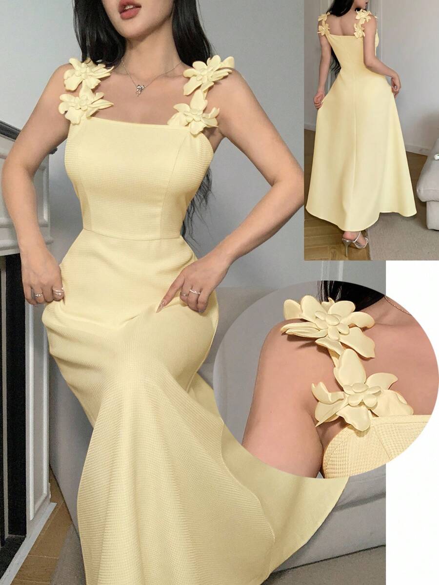 Feyla 女士休闲纯色束腰3D花卉装饰无袖连衣裙 - 黃色 - 查看 1