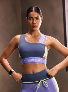 Powerista Women's Summer Gym Sportswear Letter Print Purple Blue Yellow Patchwork Asymmetrical Workout And Sports Bra - Blue - View 4