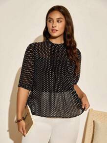 Nubod Áo cánh rộng in chấm bi thiết kế nút cho nữ cỡ lớn - màu đen - Xem 7