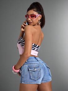 Jeanoix 女士夏季休闲街头弹力刺绣铆钉水洗牛仔短裤