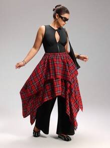 LYSMO 红黑格子松紧腰不对称下摆休闲大码女式中长裙 - 紅色 - 查看 3