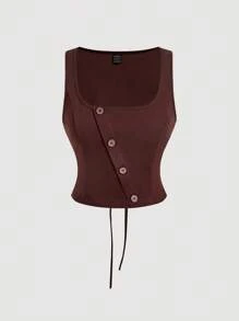 SHEIN MOD 纯色方领修身无袖上衣和阔腿裤优雅套装 - 棕色 - 查看 4