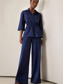 Aveloria Modichic 女士夏季两件套休闲宽松收腰设计 V 领 3/4 袖上衣搭配长裤套装 - 藏蓝色 - 查看 4