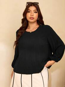 Elaquor Blusa larga de manga larga, elegante, con cuello redondo y bajo asimétrico, talla grande - Negro - Ver 5