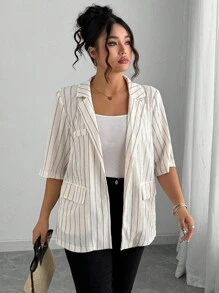 Elenzga Plus Size Women Elegant Striped Lapel Short Sleeve Open Front Fake Pocket Loose Blazer Jacket