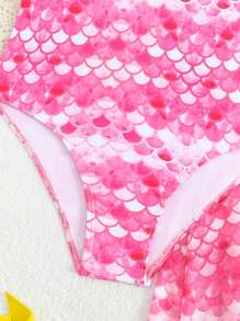 青少年女孩美人鱼鳞片印花连体泳衣，带网眼裙，适合度假穿着 - 彩色 - 查看 3