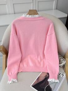 SHEIN LUNE Cardigan maglione casual da donna in colore tinta unita con inserti in pizzo, maniche lunghe