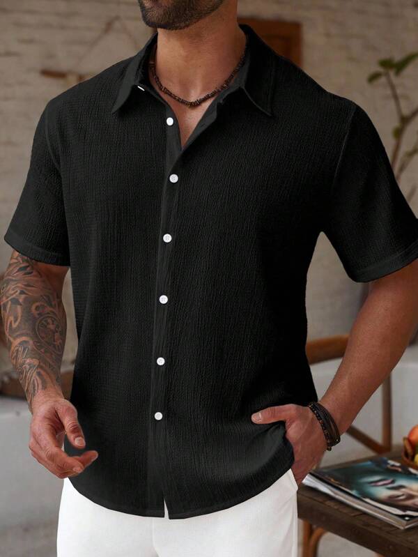 ResortEase Plus Size Men's Solid Color Short Sleeve Single-Breasted Casual Shirt, Summer