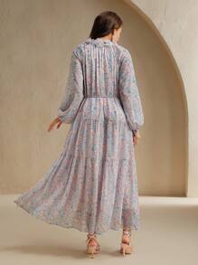 Anewsta 女式长款花卉印花休闲连衣裙，带花卉贴花领和长袖，松紧腰身，优雅度假春夏/复活节