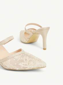 CUCCOO CHICEST Sandalias de tacón alto con punta puntiaguda y encaje de red para mujer, bombas beige sexy con tiras y sin espalda para fiestas/bodas
