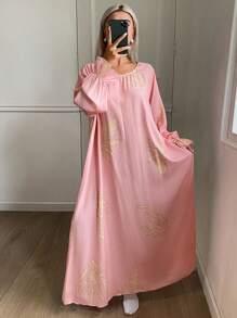 DAZY All-Over Pattern Loose Fit Ruffle Hem Lantern Sleeve Long Nightgown For Women, Fall Pajama - Apricot - View 1