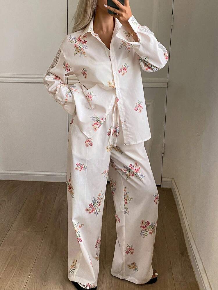 Floral All-Over Print Lace Pocket Accent Shirt Style Top & Pants Women Pajama Set, Fall Clothes