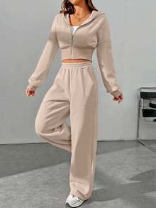 SHEIN EZwear 女士时尚棕色拉链连帽运动衫和裤子两件套 - 杏色 - 查看 5