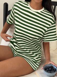 SHEIN EZwear Bộ 2 món/Bộ áo ngắn tay sọc xanh lá cây và trắng thường ngày và quần short, Mùa hè - màu xanh lá - Xem 4