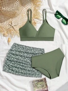 Tween Girls 3 PiecesFloral Bikini Set - Includes Camouflage Print Bikini Top, Bottom, And Ditsy Floral Skirt, Suitable For Summer Vacation - Army Green - View 1