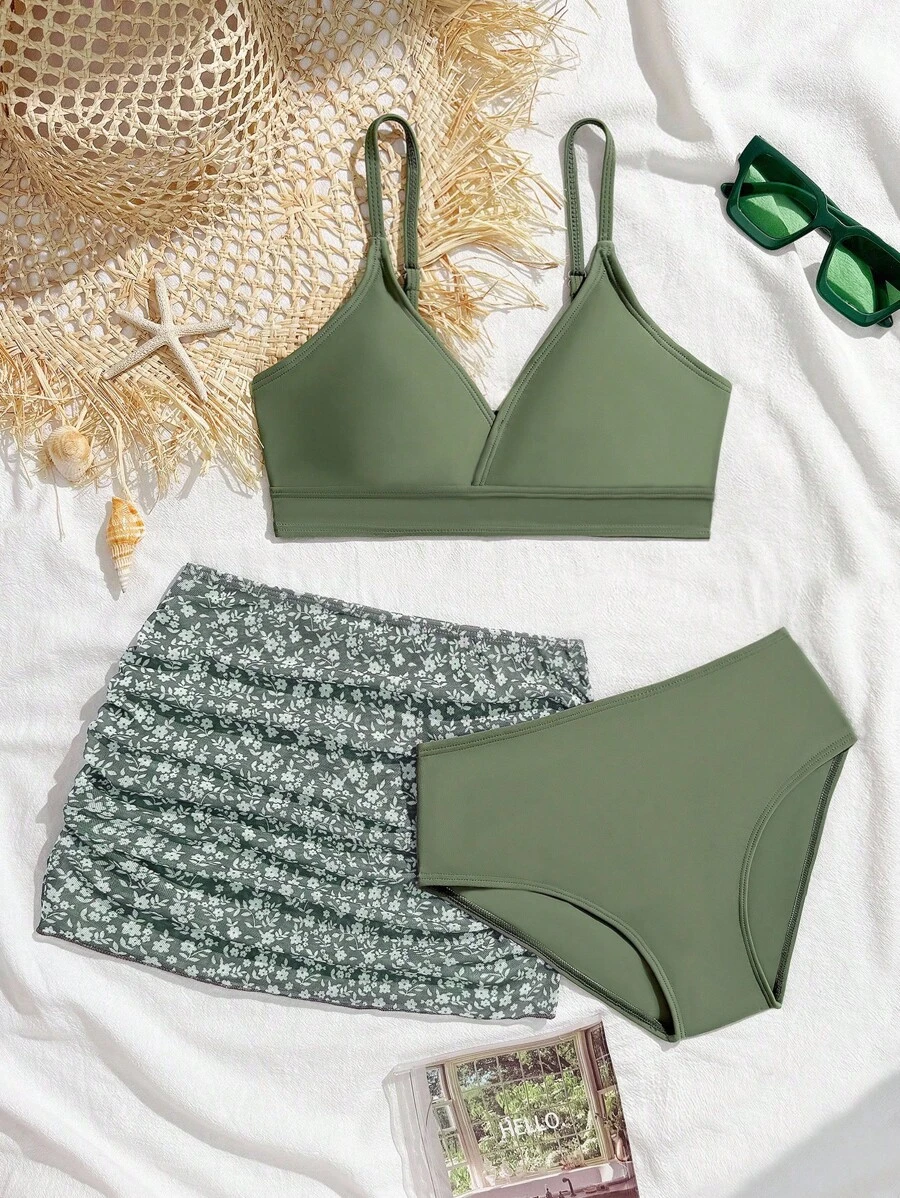 Tween Girls 3 PiecesFloral Bikini Set - Includes Camouflage Print Bikini Top, Bottom, And Ditsy Floral Skirt, Suitable For Summer Vacation - Army Green - View 1
