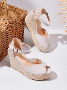 Styleloop Women's Rope & Straw Woven Wedge Thick Sole Sandals, Summer Vacation Bohemian Style - Beige - View 1