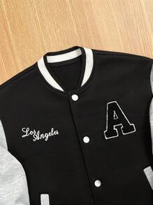 SHEIN Tween Boy 休闲运动字母图案棒球领宽松撞色夹克，适合通勤、上学、日常休闲、旅行、运动、秋冬 - 彩色 - 查看 4