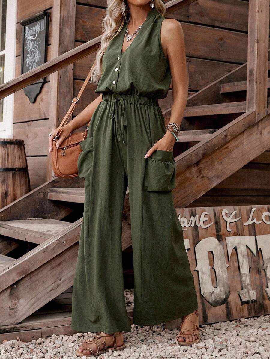 LanaWest Women's Casual Vacation Elegant Deep V-Neck Sleeveless Cinched Waist Loose Straight Leg Pocket Jumpsuit, Summer