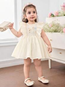 SHEIN Babygirl 可爱优雅夏季杏色花卉刺绣宽松荷叶边下摆连衣裙 - 杏色 - 查看 3