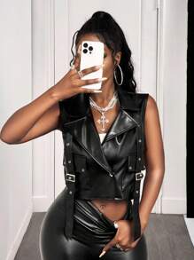 BamGleam Women's Fashion Punk Rock Style Vest Jacket - Black - View 3