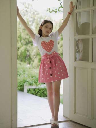 SHEIN Vintaside Kids Robe à volants avec impression de cœur pour fille jeune