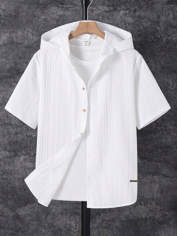 SHEIN 1 Piece Teen Boy's Casual Japanese And Korean School Texture Fabric Hooded Short-Sleeved Shirt Suitable For Commuting, School, Daily Leisure Travel, Suitable For Sports, Suitable For Spring And Summer Seasons Suitable Boys School Clothes Teen Boy Clothes Back To School Clothes Boys Shirts Teen Shirts Tween Tops Tween Clothes Tween Shirts White Top Boys Clothes White T Shirt Boys Basic Top