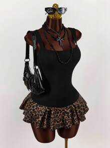 Amplova Women Vintage Wild Basic Square Neck Tight A-Line Pleated Mini Dress, Summer Leopard Print - Multicolor - View 3